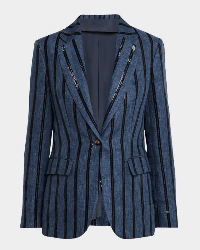 Paillette Striped Denim-Effect Linen Single-Breasted Blazer